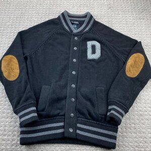 DJAB Varsity Sweater Men Medium M Black Jersey Knit Warm Up Cardigan Elbow Patch